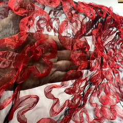 Black Sheer Nylon With Red 3 D Floral Design 60″ W Fabric Lot of 2 Yards for $15