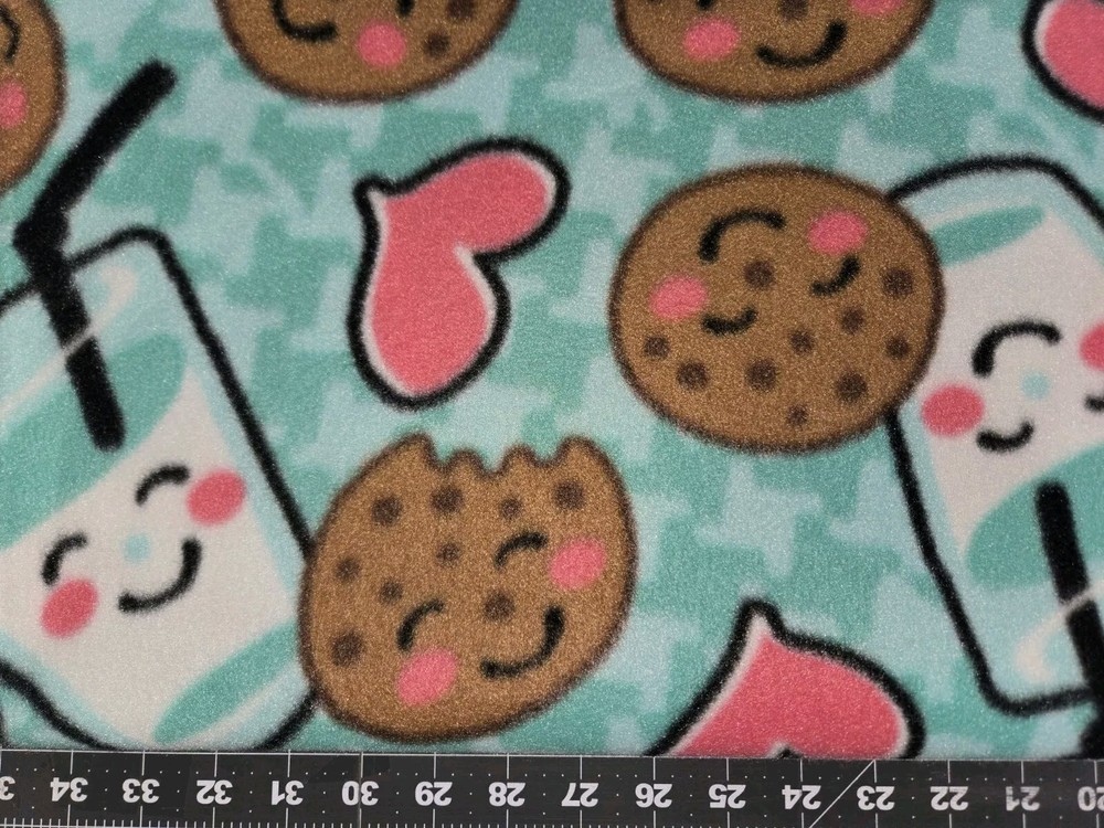 LOVE MILK AND COOKIES HEARTS AQUA FLEECE FABRIC 1 YARD + 20″ 56″ X 60″