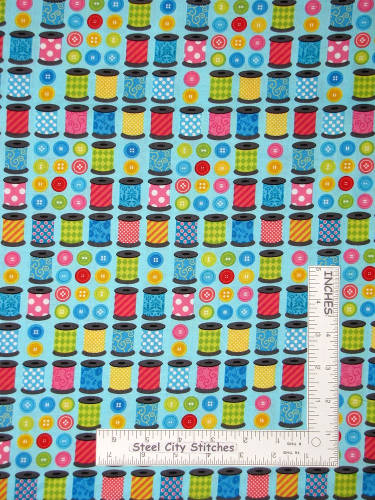 Thread Spools Buttons Toss Fabric 25″X44″ Piece Sew Excited Cotton by Benartex