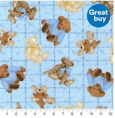 Tossed Teddy Bears on Blue Fabric by Fabric Traditions, BTHY, Cuddle Bears