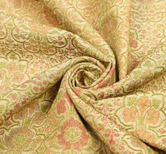 Sushila Vintage Golden Sari Remnant Scrap Pure Silk Floral Woven Craft Fabric