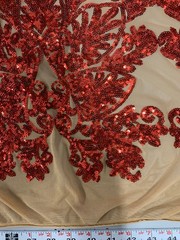 Kara RED Hearts and Flowers Sequins on NUDE Mesh Lace Fabric by the Yard – 10148
