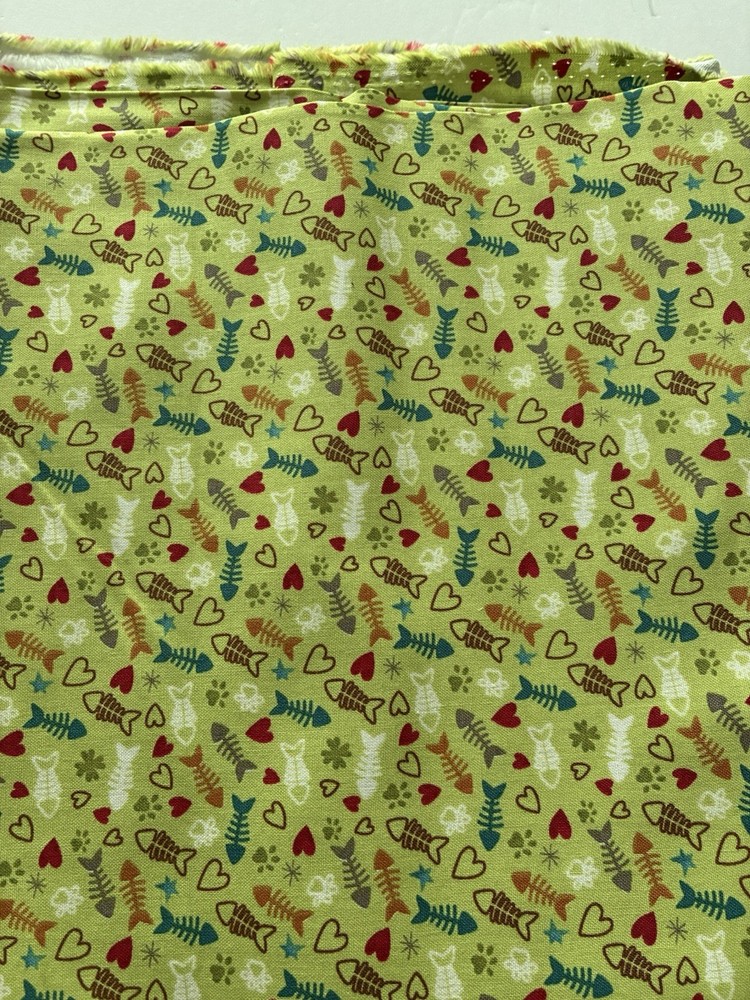 Henry Glass Hat On A Cat Fish & Bone Green Cotton Fabric By The Yard