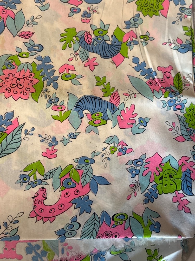 Vintage NEON Jungle Zebra Lion Giraffe Unbranded Fabric approximate 44”x 98”