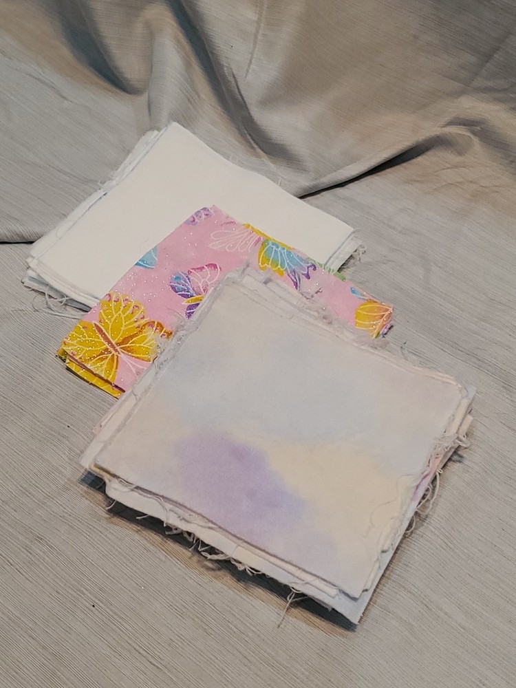 5×5 Quilt Blocks/Fabric (Precut) Lot Of 62 – Butterflies/Tie-dye/plain White