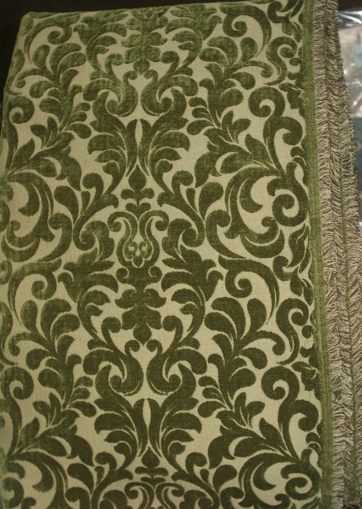 Avocado Green Chenille Upholstery Fabric 56″ x 2.5 yd Leaves Decorator Remnant