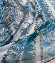 Beaded Blue Boho Floral Stripe – Crinkle Silk Chiffon Fabric