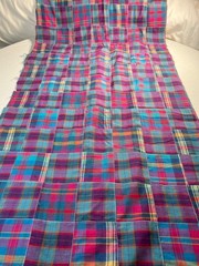 Fabric -Madras Woven Plaid Patchwork Sewn 3×3 Squares Grunge Indie Boho Sold BTY