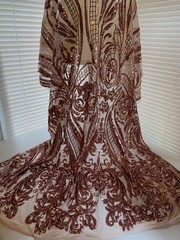 Alaina COPPER Curlicue Sequins on Mesh Lace Fabric by the Yard – 10018