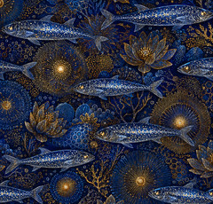 Blue and gold fish Printed Cotton Fabric By The Yard
