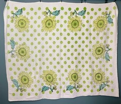 Vintage Mod Flower Power Terry Cloth Fabric Tablecloth Sunflower Polka Dot Retro