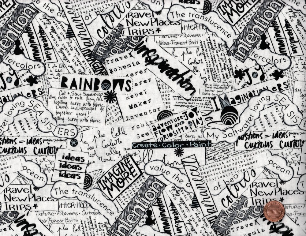 2 Yards – WHITE & BLACK 100% Cotton Fabric: WORD COLLAGE by Cori Dantini