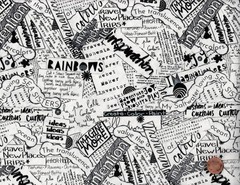 2 Yards – WHITE & BLACK 100% Cotton Fabric: WORD COLLAGE by Cori Dantini