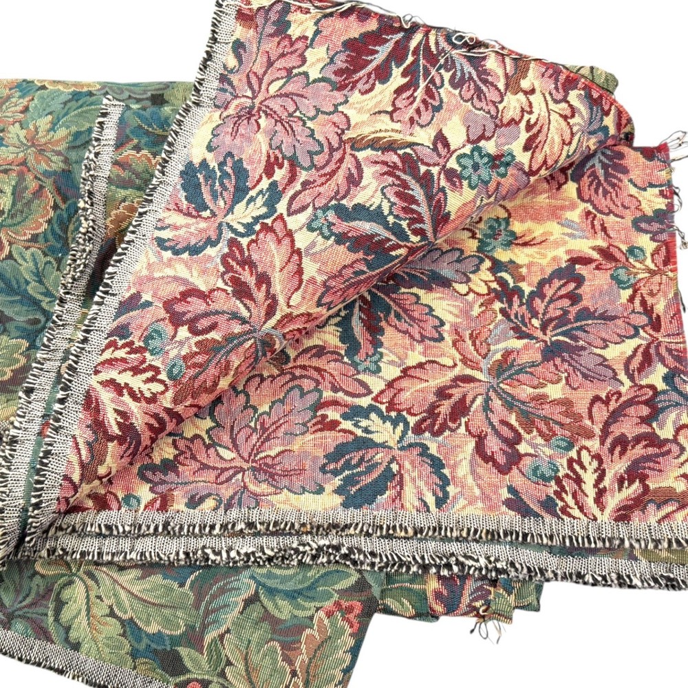 57×144 Green Burgundy Floral Tapestry Fabric Botanical Leaf Upholstery Textile