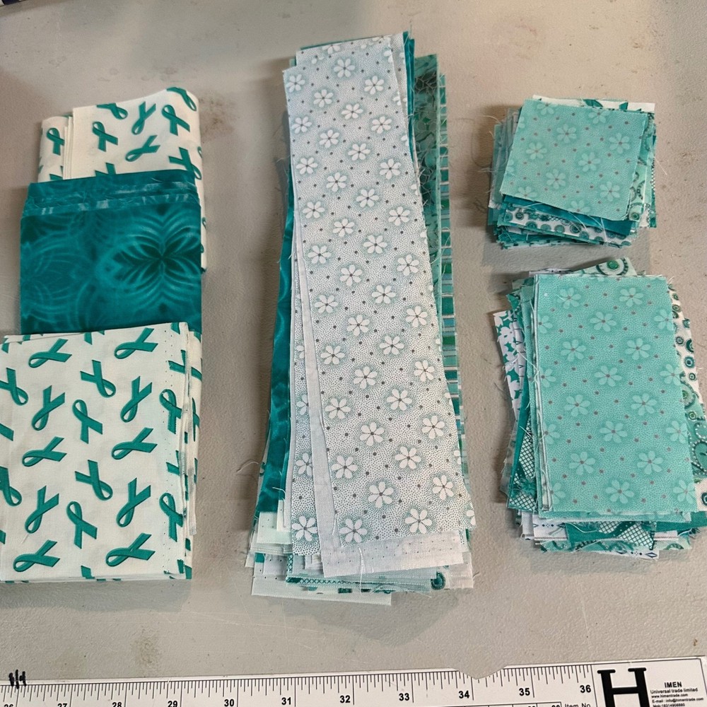 Teal Awareness Ribbon Floral Batik Cotton Quilting Fabric Scrap Bundle 118pc