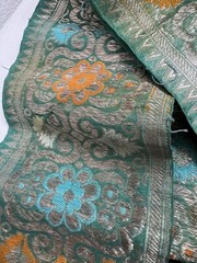 Antique Vintage Jade Green Heavy Silk Brocade Ribbon Silver Metal Thread 5”x 1YD