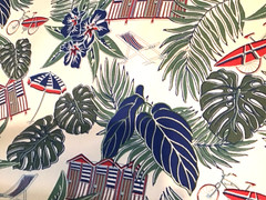 Coastal Outdoor fabric Beach Scenes Huts Palm Tropical Blue Green By The Yard