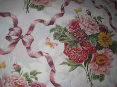 VINTAGE FABRIC 45″ x 108″ 3 YD Flowers Butterflies Ribbons Multi Color Cottage