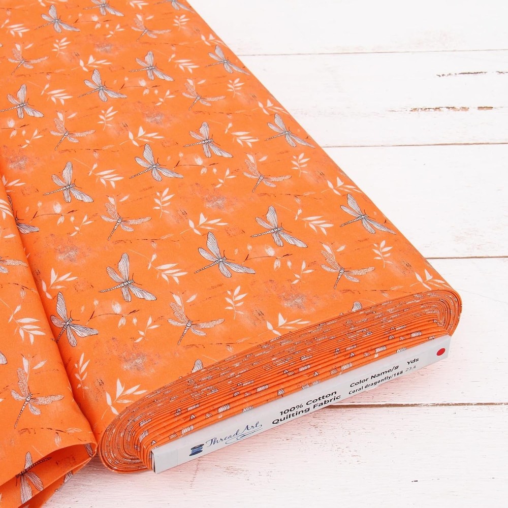 Threadart Cotton Quilting Fabric By The Yard – Vintage- Coral Dragonfly