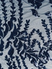 Miranda NAVY BLUE Vines and Leaves Sequins on NAVY Mesh Lace Fabric by the Yard