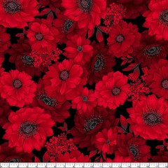 Henry Glass – Scarlet’s Treasure – Large Floral – Black/Red, Fabric by the Yard