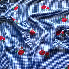 Gingham with Embroidered Roses Polycotton Fabric 56″ By The Yard