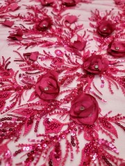 Flower 3D Lace Fuchsia Beaded Lace 3D Embroidered Fabric by Yard For Dress Prom
