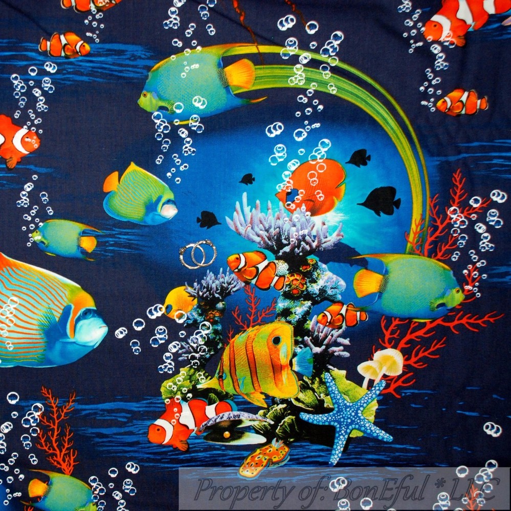 BonEful Fabric FQ Cotton Quilt Blue Aqua Rainbow Water Tropical Clown Fish Ocean