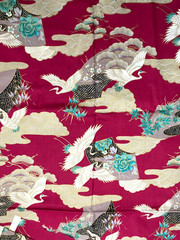 Burgundy Asian Crane Floral Metallic Gold Print Cotton Fabric Trans-Pacific 2 yd