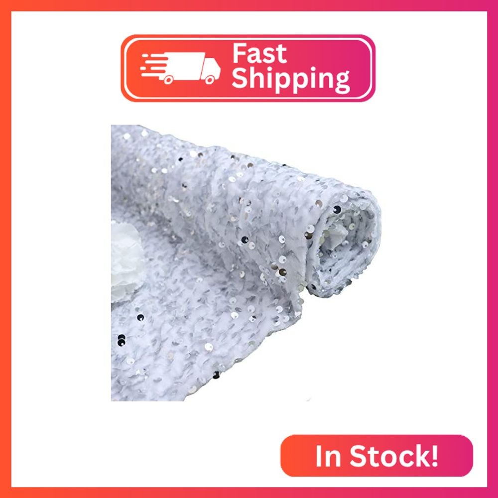 FANPROMS White Sequin Fabric 1 Yard Velvet Fabric by The Yard Sequence Material