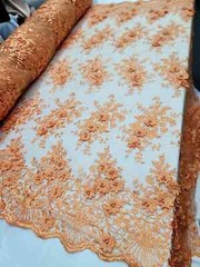 Orange 3D Flowers Beaded Lace Embroidered Mesh Fabric – Sold by the Yard