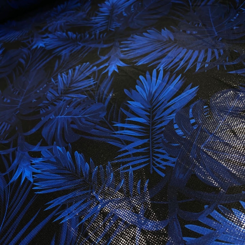 No-Stretch Blue Leaves Hologram Foil Print Nylon Spandex Fabric 4 Way Stretc
