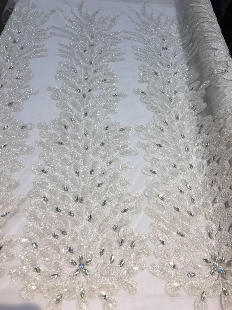 WHITE peacock sequin gem beaded mesh Gowns lingerie fabric SOLD BY PANEL