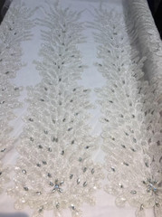 WHITE peacock sequin gem beaded mesh Gowns lingerie fabric SOLD BY PANEL