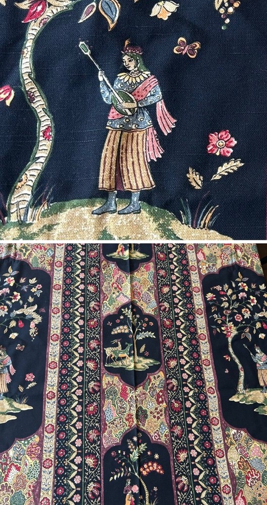 Turczyn Bloomcraft Jacobean Cotton Fabric Black Chinoiserie Pastoral 54×98”