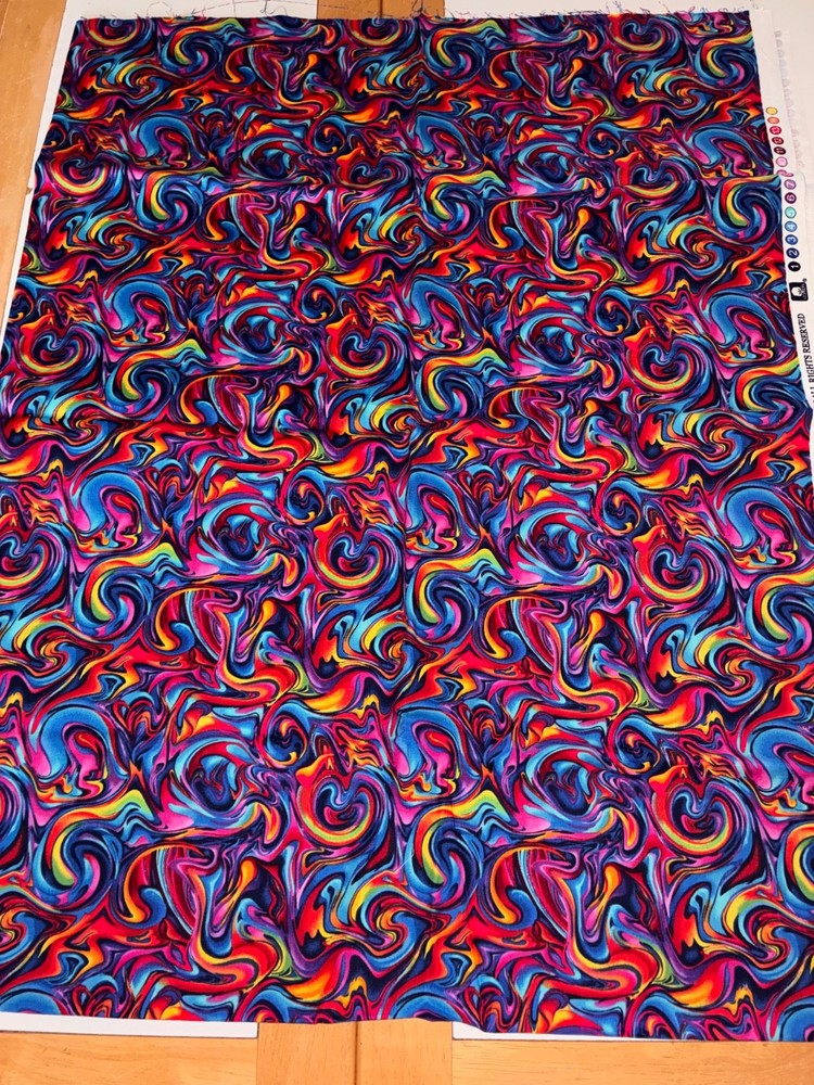 1 1/2 YARD HI-FASHION FABRICS COTTON WILD COLOR SWIRLS RED BLUE YELLOW GREEN