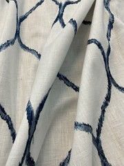 BLUE AND WHITE OGEE EMBROIDERED HOME DECOR DRAPERY WEIGHT FABRIC 2+ yds.