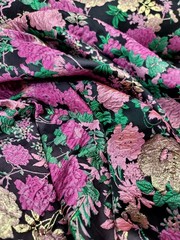 FUCHSIA PINK GOLD Floral Brocade Fabric Sold By The Yard Green Leaves For Dress