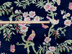 Thibaut Yukio Navy & pink floral with birds Upholstery Drapery Fabric