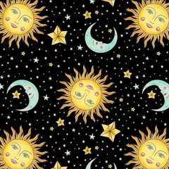 “Ink Chronicles” Sun, Moon, Stars, Celestial Fabric!100% Cott•1yd *BTY*Fast Ship