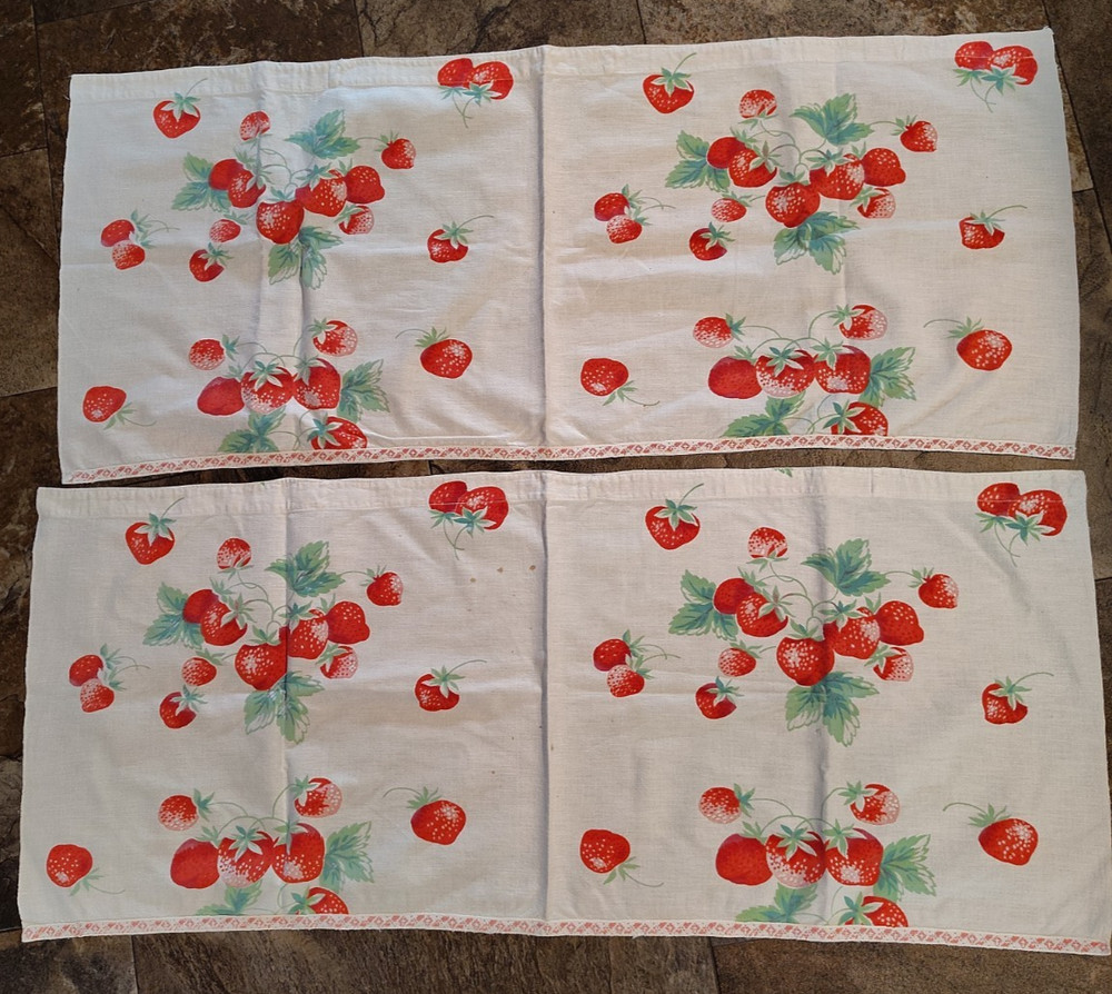 Vintage cotton print fabric strawberries on white curtains 36″x 15″ each