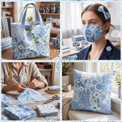 25 Pcs Blue Quilting Fabric Scraps, 10”x10” Blue Cotton Fabric Squares Vint…