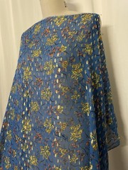 100% Silk Georgette Blue Gold Lurex Metallic Floral Fabric by the Yard 54″ Wide