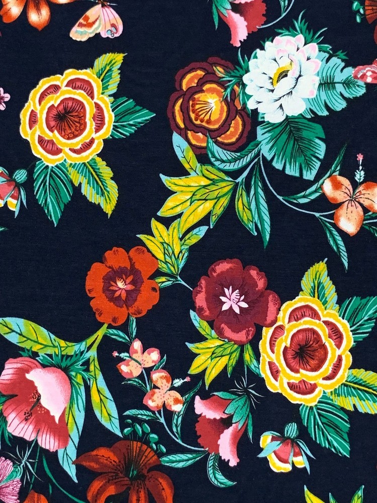 ITY Knit Fabric Flowers Black Boho Floral By the Yard