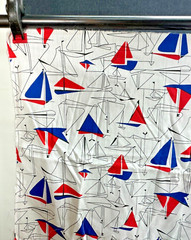 Vintage Sailboat Fabric MCM Mid Century Material 36 x 44 Red White Blue Line Art