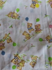 Vtg. Cotton Fabric Boy Girl Bear Balloon Grass -White Nursery, 2 yds x 44