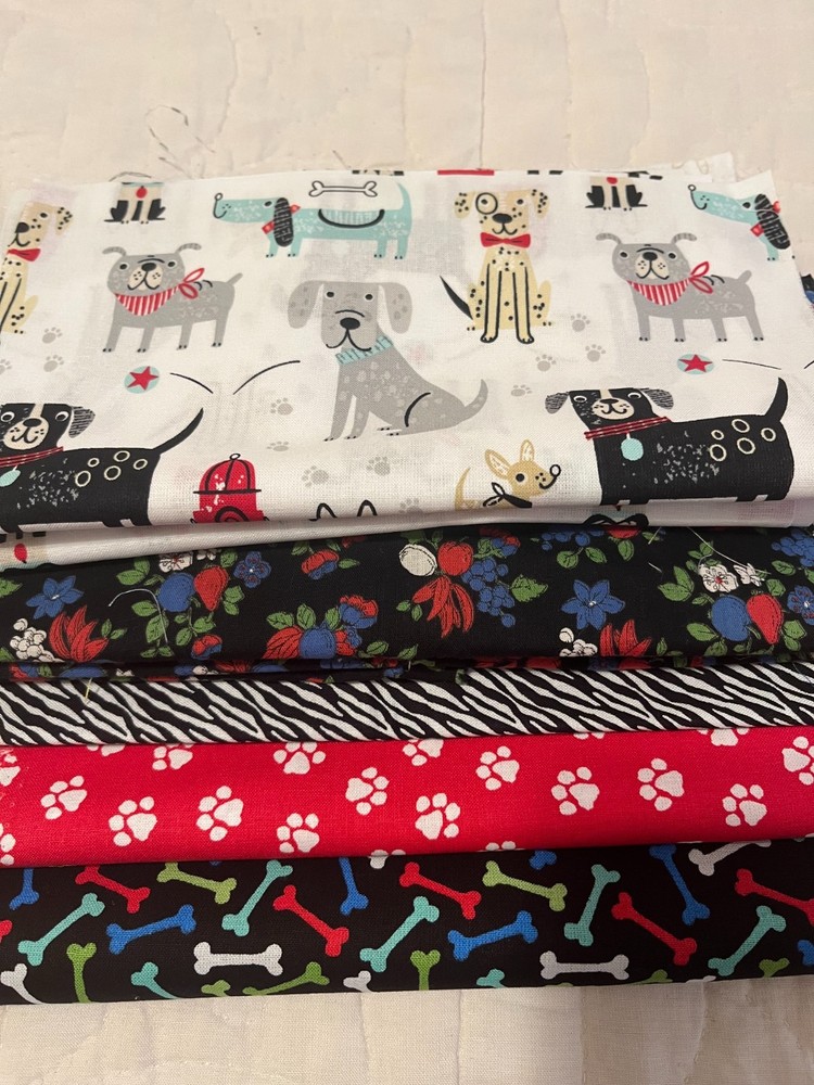 5 Pc Cute Dog Print Cotton Coordinates Red Blue White Green Scraps Pieces 12 Oz