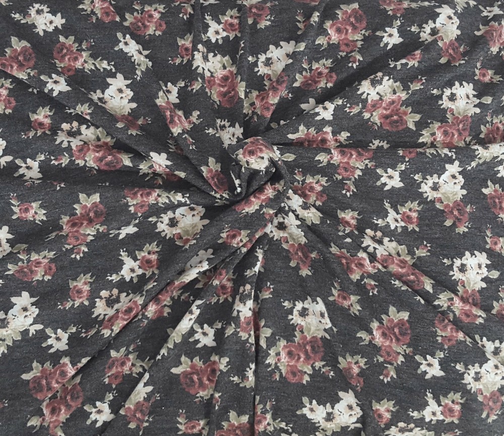 Maroon Roses on Black Fabric Jersey Knit By The the Yard 10/16