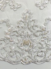 Helena-B IVORY Embroidered Damask Pattern with Faux Pearls and Beads on Mesh La