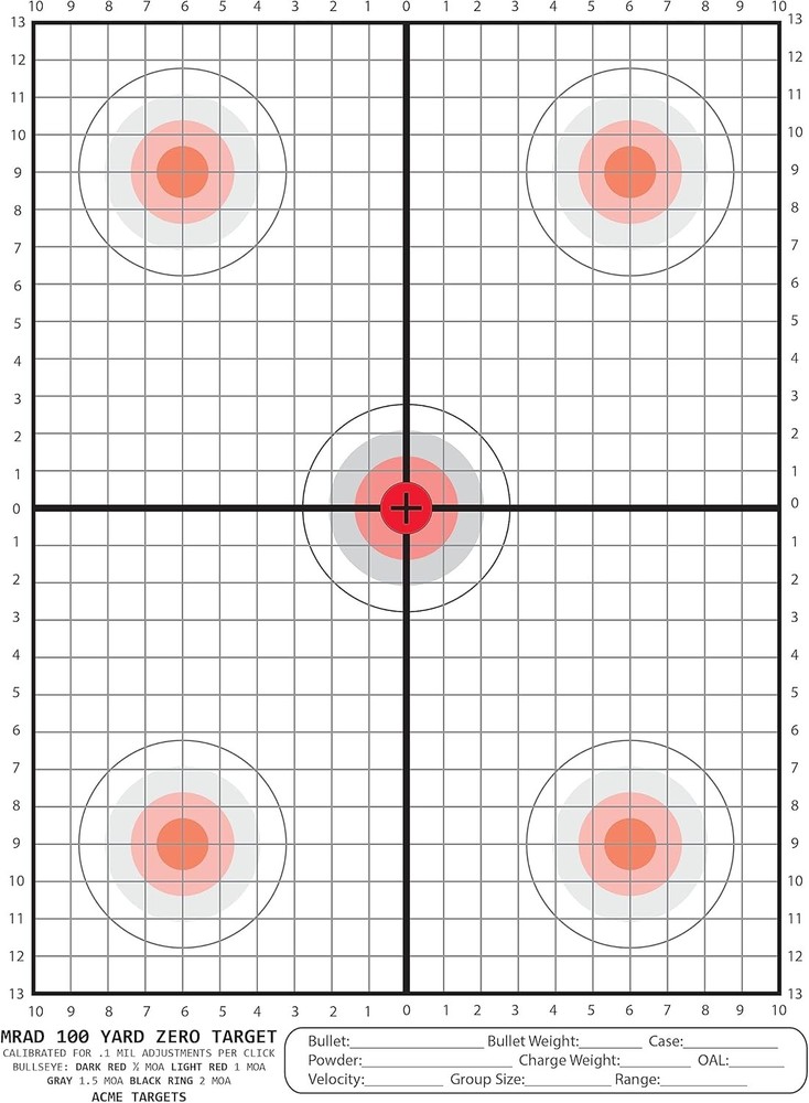 MRAD 100 Yard Zero Target Calibrated for .1 Mil Adjustment per Click. 100 Yard S